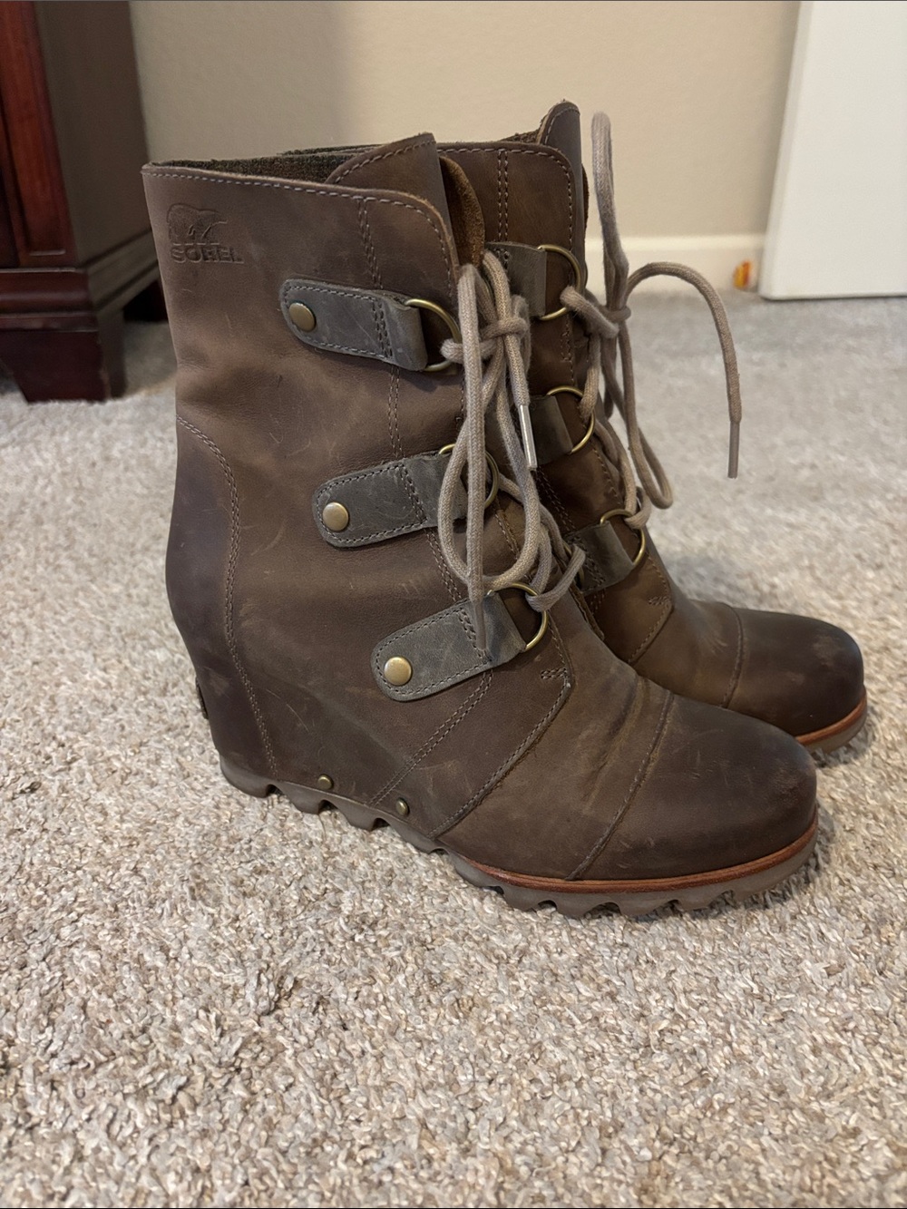 Sorel Brown Leather Joan of Artic Lace-Up Wedge Boots 7.5